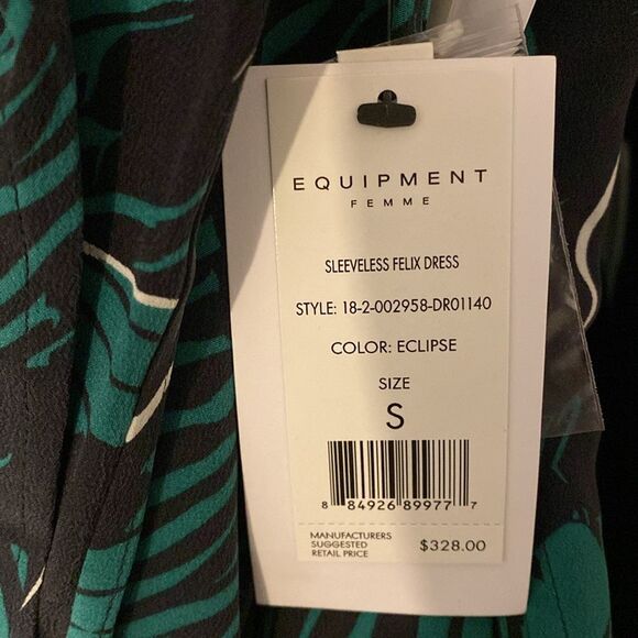 EQUIPMENT Sleeveless Felix Silk Dress In Eclipse Green Leaf Print  100% silk. - Picture 7 of 8